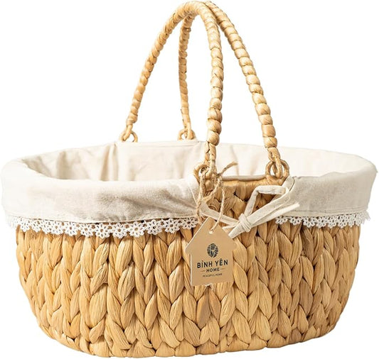 Wicker Basket with Handles and Lining, Handwoven Water Hyacinth Picnic Hamper, Oval Basket for Camping, Outdoor, Fruit, Wine, Thanksgiving day, Birthday, Easter, Gift, Home Decor
