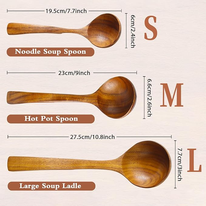Wooden Ladle for Soup, 3Pcs (S/M/L) Wooden Spoons for Cooking, Non-Stick Wooden Spoon, Natural Teak Wood Cooking Spoons, Kitchen Utensils set