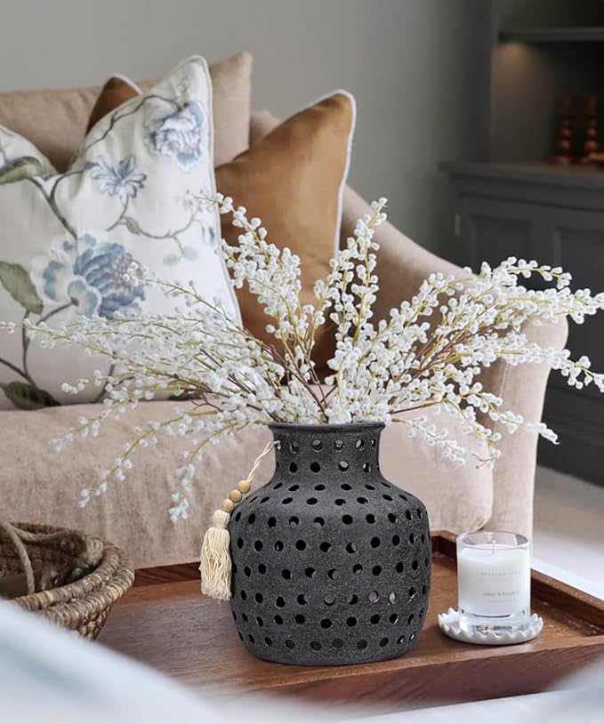 Ceramic Flower Vase Home Decor - 10 Inch Rustic Hollow Black Pottery Vase Modern Farmhouse Vintage for Centerpieces House Living Room Dining Table Shelf Mantel Decoration