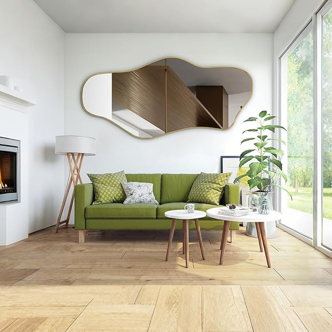 Irregular Mirror Full Length, 63.4"x29" Large Asymmetrical Mirror, Big Gold Floor Mirrors for Dressing, Modern Wavy Shaped Mirrors for Living Room Bathroom Bedroom Entryway