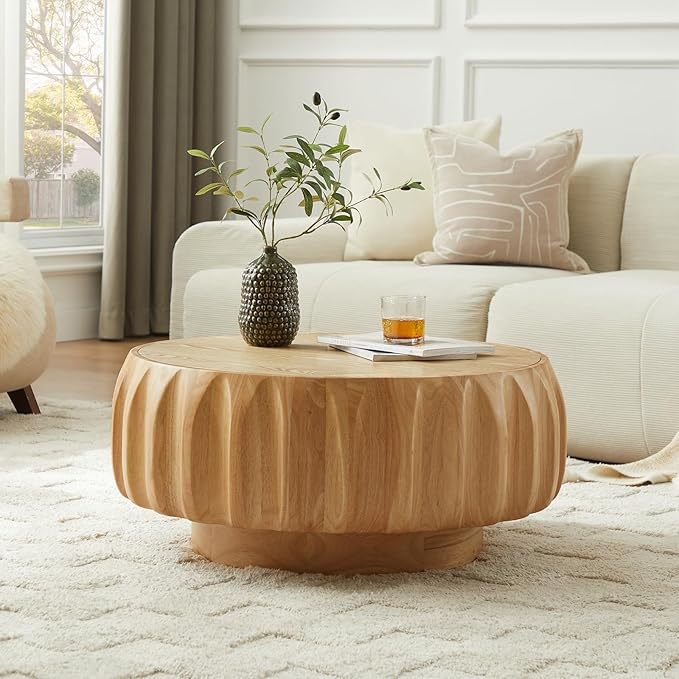31.5" Round Coffee Table Drum Table Contemporary Wood Fluted Centry Table with Solid Wood Veneer for Living Room (Natural)