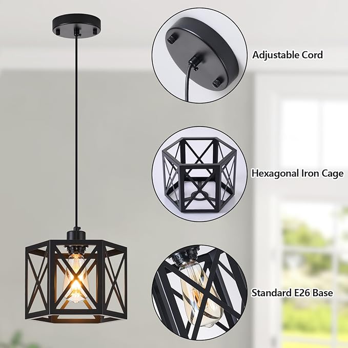 2 Pack Farmhouse Pendant Lights, Modern Black Hanging Light Fixture with Hexagonal Cage, Industrial Metal Ceiling Lights, Adjustable Lantern Pendant Lighting for Kitchen Island Sink Hallway