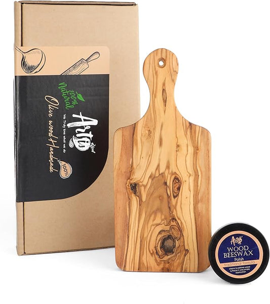 Olive Wood Cutting Board - 27cm (10.6") Handmade Chopping Board with Hanging Hole - Durable Mediterranean Kitchen Board for Cutting, Slicing, and Serving - Rustic Design with Beeswax Finish