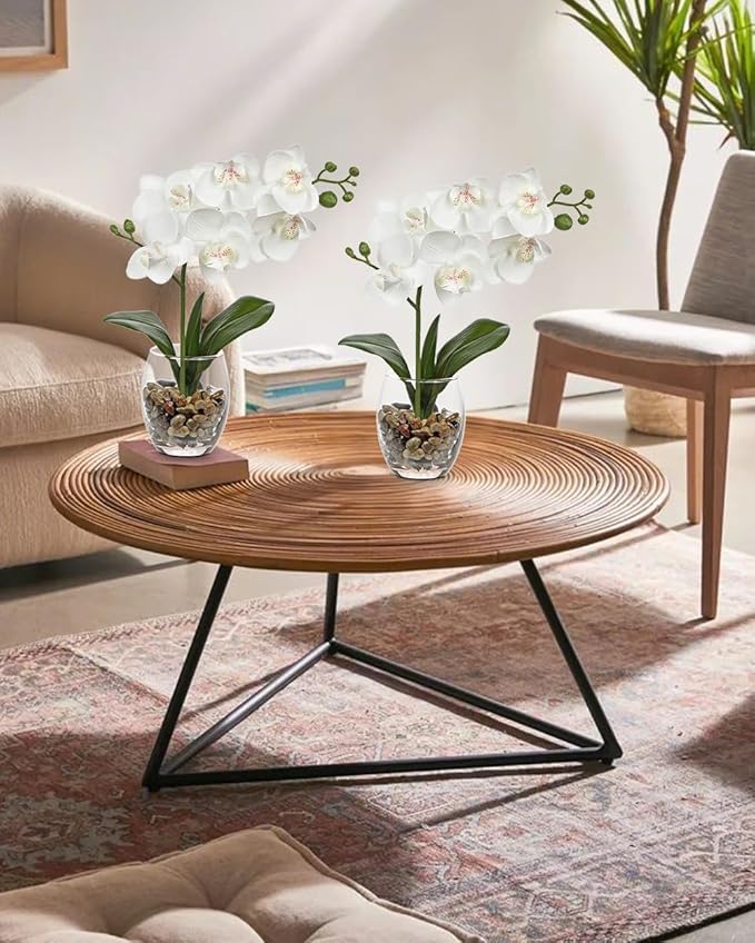 White Orchids Artificial Flowers with Vase, Small Faux Orchid Arrangement Set of 2 Fake Flowers in Glass Vases Small White Centerpieces for Kitchen Dining Room Tables Bathroom Nightstand Shelf Decor