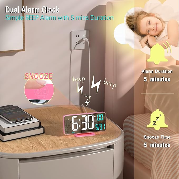 Pink Digital Clock for Bedroom 6.7in Dual Alarm Clock with Dimming, 12/24h, Seconds, Date, Day of Week, Temp, Desk Clock, LED Clock for Table Decor, Digital Calendar Table Clocks for Bedrooms KOSUMOSU