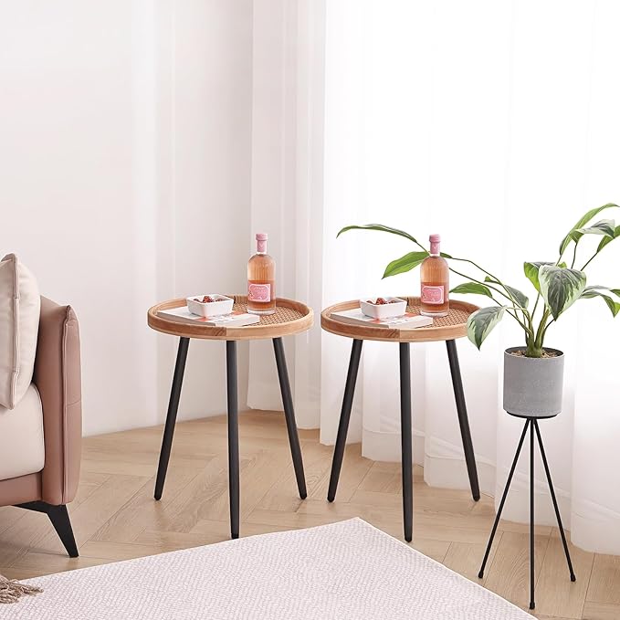 Tiita 2 Pack Rattan Round End Table Mental Side Table Nightstand/Small Wood Tables Accent Coffee Table with Wooden Tray for Living Room Bedroom Office Small Space