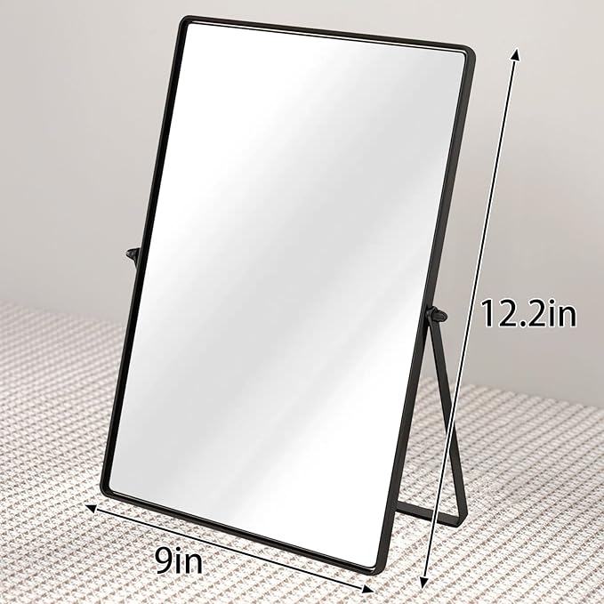 Desktop Makeup Mirror with Black Metal Standing 90° Rotation Vanity Table Mirror Portable Cosmetic Mirror for Dressing Room Bedroom Bathroom Rectangle
