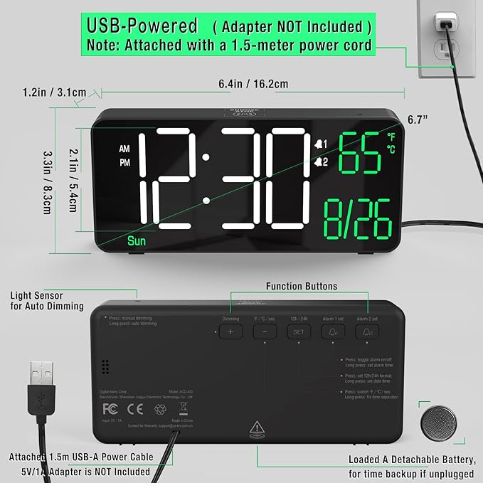 KOSUMOSU Digital Alarm Clocks for Bedrooms,6.7in Black Small Digital Clock for Bedroom, Auto Dimming,Date,Week,Seconds or Indoor Temperature,Desk Clocks for Living Room,LED Alarm Clock Calendar