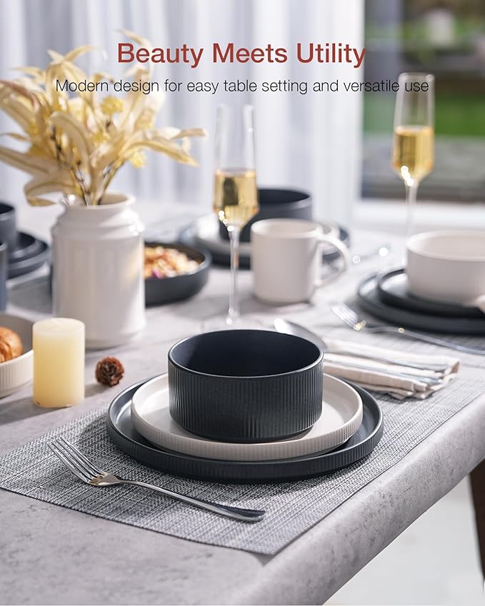 Famiware Star Dinnerware Set, Plates and Bowls Sets for 8 (24pcs), Ribbed Stoneware Dishes - Chip & Scratch Resistant, Microwave & Dishwasher Safe, Multicolor - Matte White & Matte Dark Charcoal