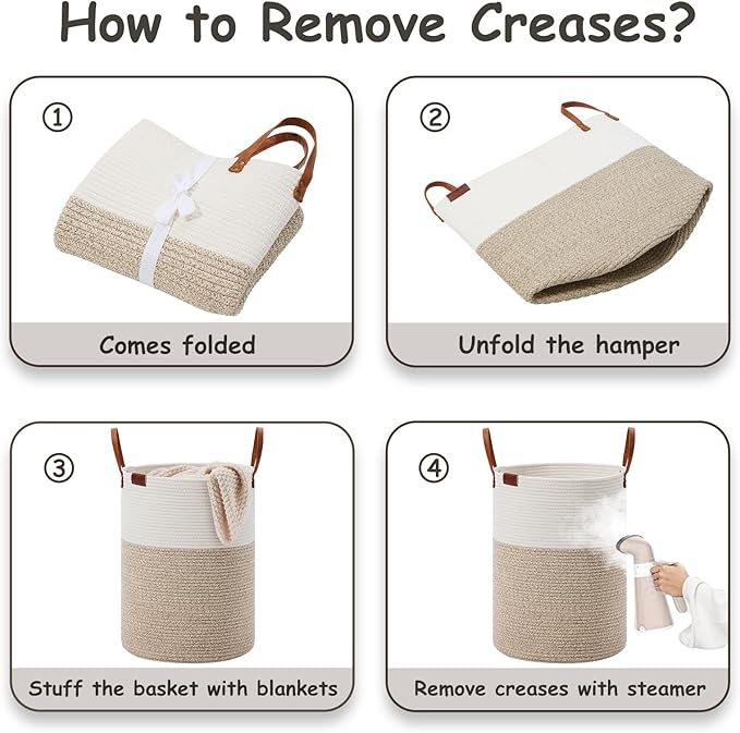 VIPOSCO Tall Laundry Basket, Large Dirty Clothes Hamper with Leather Handle, Woven Rope Storage Basket for Blanket, Toy In Living Room, Bathroom, Bedroom - 100L White & Brown