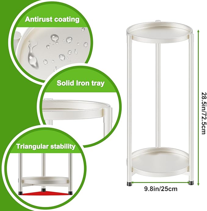 2 Tier Metal Plant Stand Rack Indoor Outdoor Flower Pot Shelf, 26.7in Tall Rustproof Round Planter Display Storage Rack, Heavy Duty Potted Holder for Home Garden Patio Bathroom Living Room (white)