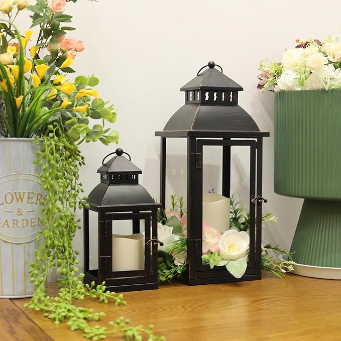 NEEDOMO LED Lanterns Decorative Outdoor&Indoor, Set of 2 Large Bronze Metal Lantern Decor with LED Candle, Lantern Decor for Porch, Patio, Garden, Balcony, Wedding, Spring Decorations (NO Glass)