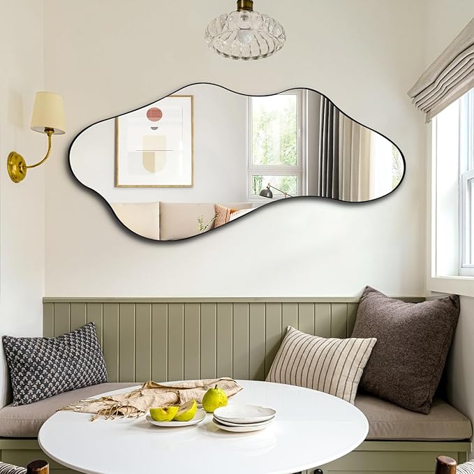 Large Irregular Mirror, Asymmetrical Wall Mirrors Decorative, 55"x25.6" Wavy Shaped Mirror with Metal Frame, Abstract Full Length Mirrors for Living Room Bathroom Bedroom Hallway Entryway
