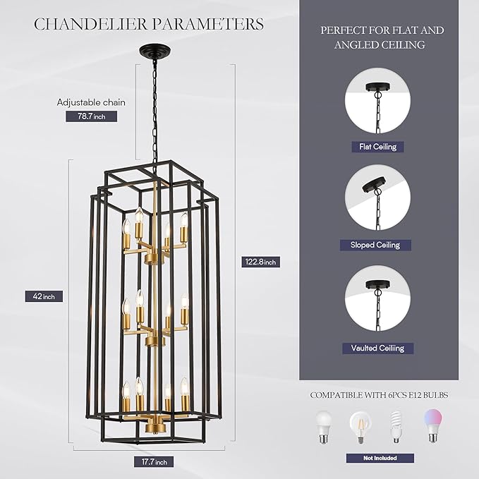 12-Light Lantern Tiered Pendant Light Fixtures, Black Metal Farmhouse Chandelier Hall Foyer Hanging Chandelier for Kitchen Island Dining Room Living Room Foyer Entryway, Black+Gold