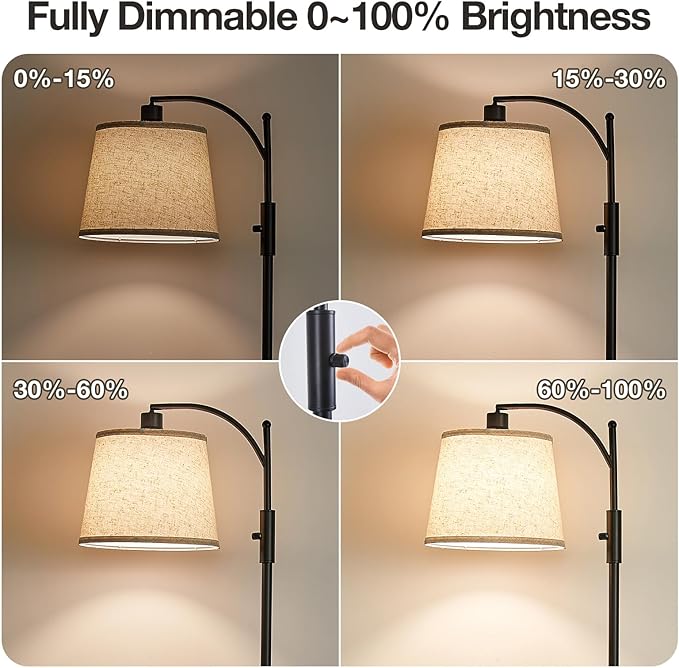 AIDENOEY Fully Dimmable Floor Lamp for Living Room，Standing Lamp Rotary Switch with Table&Linen Beige Shade，Black Tall Lamps for Bedroom with Adjust Head，9W LED Bulb Included