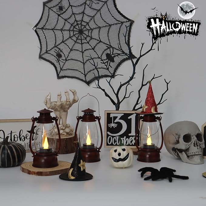 Red Painted Mini Lanterns 6-Pack - LED Flickering Candle Lanterns for Christmas & New Year, Valentine's, Wedding, Halloween & Western Party Decor, Table Centerpieces & Cowgirl Party Supplies