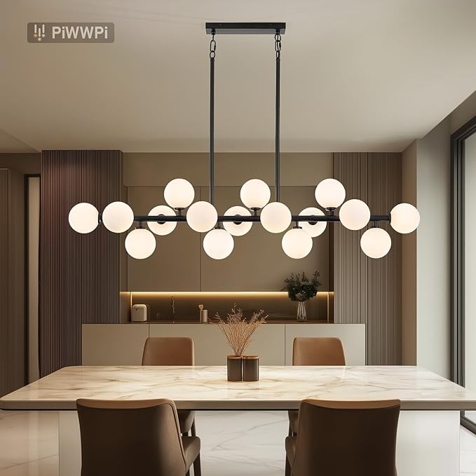 Modern Chandeliers for Dining Room Kitchen Island, 55" Long Large Linear Sputnik Globe Chandelier, 16-Light Mid Century Modern Light Fixture Over Table, Black and Milk White Bubble, GC-08