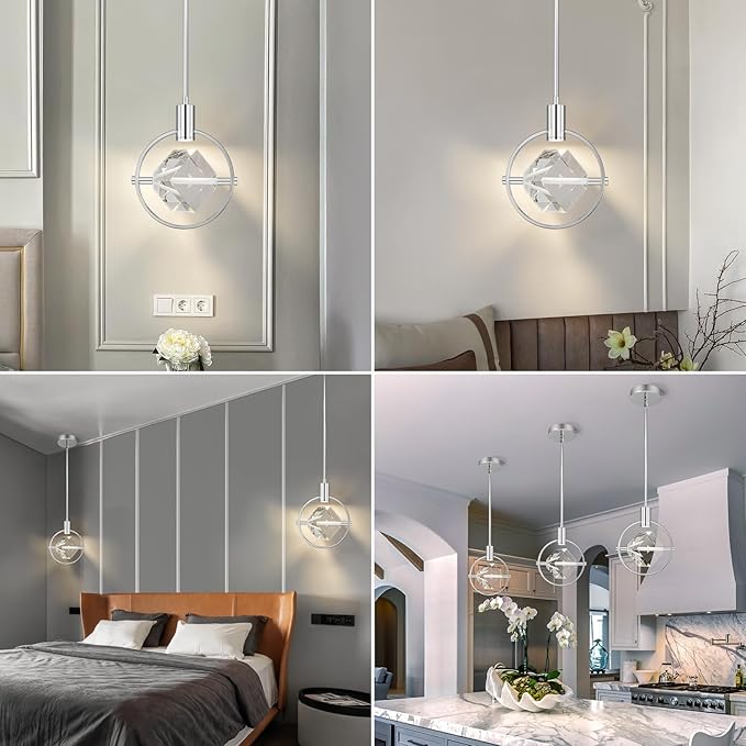 Modern Crystal Pendant Light in Chrome Mini Dimmable Integrated LED Light Fixtures Metal Rod Ceiling Chrome Chandelier for Kitchen Island Bedroom Dining Room Bar(1-Lights)