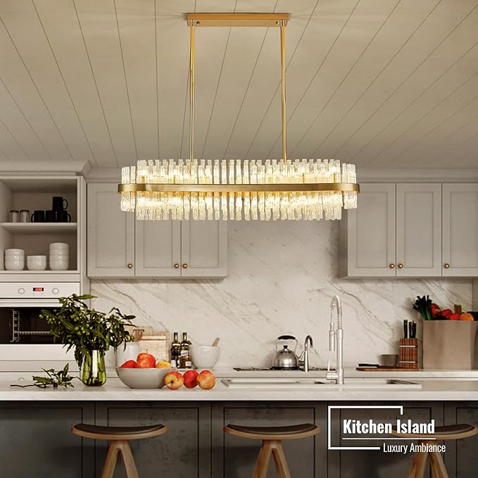 Siljoy Modern Crystal Chandelier Gold Rectangular 2-Tiers K9 Crystal Raindrop Chandelier Luxury Oval Crystal Ceiling Light Fixture for Dining Room Living Room Kitchen Bar L47'', G9 x 28