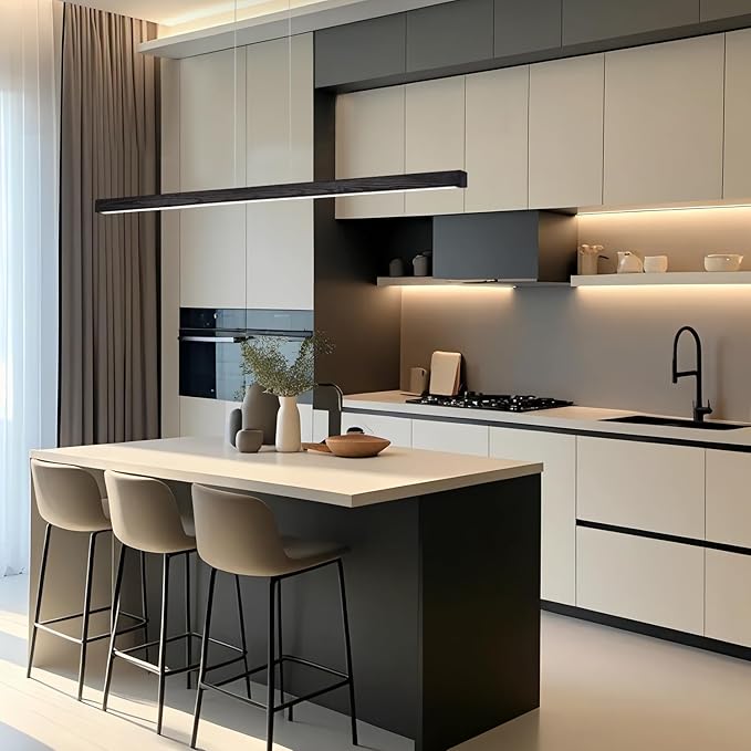 39 Inch LED Linear Pendant Light Black Wood LED Kitchen Island Lighting Dimmable Ceiling Hanging Chandeliers for Dining Room Living Room Bar Pool Table 24W Modern Farmhouse Fixture Black