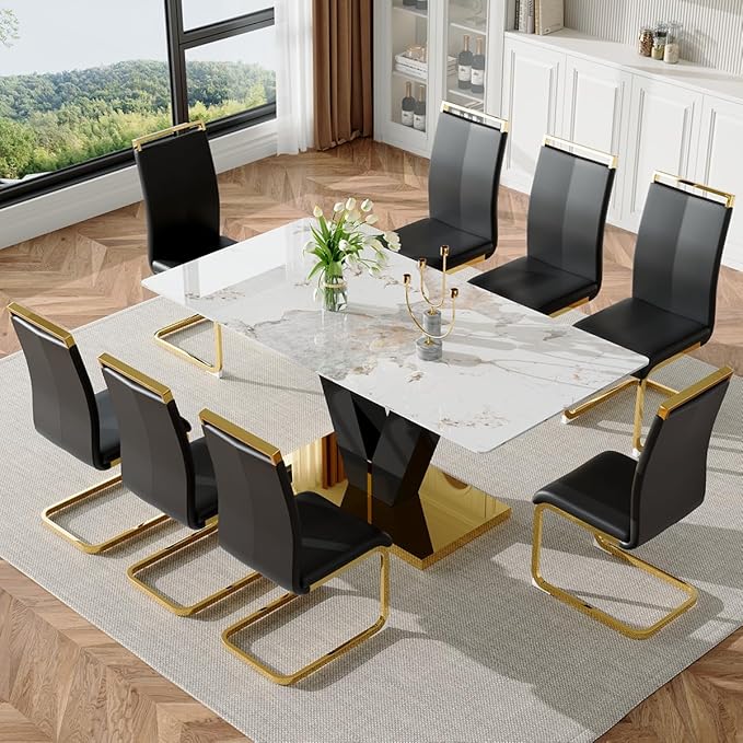 71'' Dining Table Set for 8,Marble Dining Table Set,Modern Kitchen Table with 8 PU Leather Chairs,Gold Dining Room Table Set with V-Shaped Black Glossy Pillars,Ideal for Kitchen Dining Room