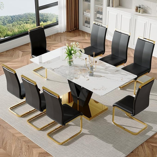 71'' Dining Table Set for 8,Marble Dining Table Set,Modern Kitchen Table with 8 PU Leather Chairs,Gold Dining Room Table Set with V-Shaped Black Glossy Pillars,Ideal for Kitchen Dining Room