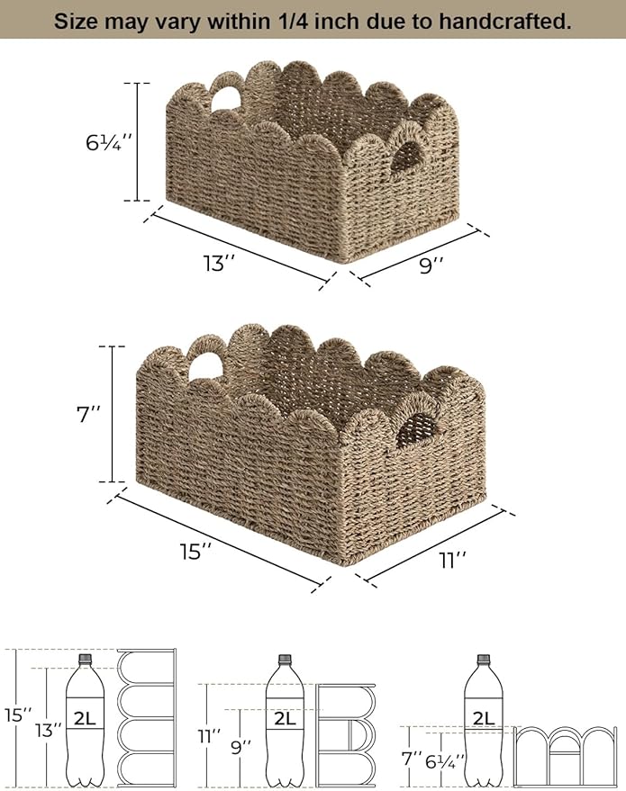 StorageWorks Scalloped Edge Wicker Basket, Hand-woven Rattan Baskets with Built-in Handles, Seagrass Basket for Organizing and Decor, 2 Pack