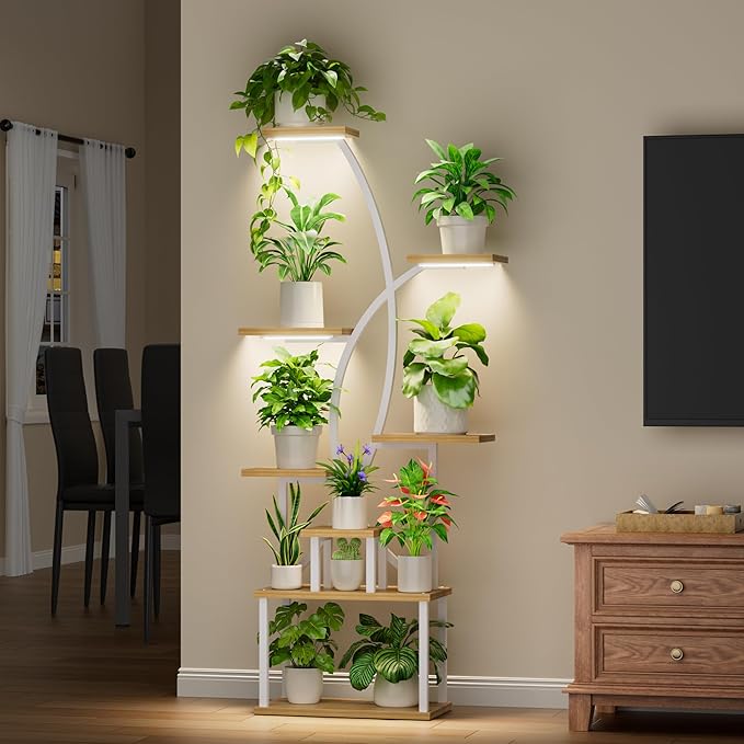 Plant Stand Indoor with Grow Lights, 8 Tiered Tall Plant Shelf for Indoor Plants Multiple, 65" Large Corner Shelves Metal Curved Flower Holder Display Rack for Living Room Patio Balcony, White