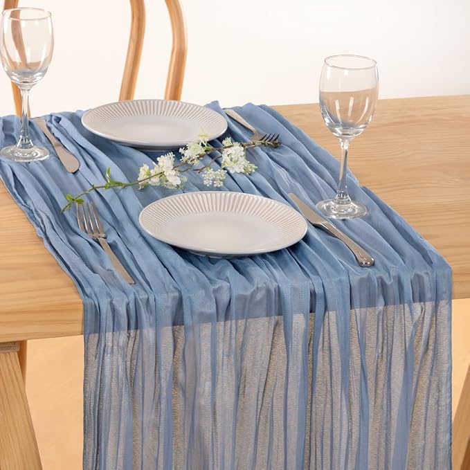 MLMC Dusty Blue Table Runner 10ft Boho Gauze Blue Cheesecloth Table Runner Rustic Fall Cheese Cloth Centerpiece 35x120 Inches for Wedding Bridal Shower Baby Shower Party Decor