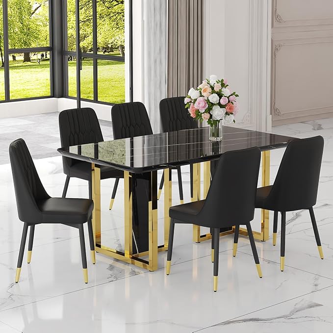 TesNus 63" Black Dining Table Set for 6 with Chairs,Modern Faux Marble Rectangular Kitchen Table and Chairs Set Luxury 7 Piece Dining Room Set with Gold Metal Legs,Easy Assemble,Stable Base