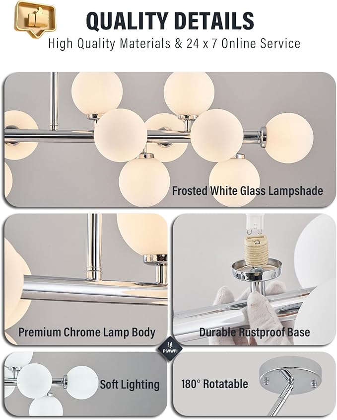 Glass Globe Sputnik Chandelier, 16-Light Mid Century Modern Light Fixture Over Table, Linear Chandeliers for Dining Room, Kitchen Island, Chrome and Milk White Bubble, 40 Inch, GC-02