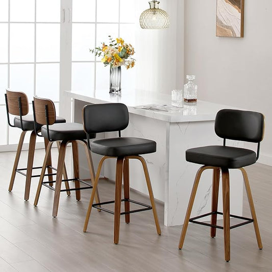 Swivel Counter Height Bar Stools Set of 4, 26" Upholstered Faux Leather Barstools with Back and Bent Wood Legs, Mid Century Modern Bar Chair Island Stool for Kitchen Counter, Black