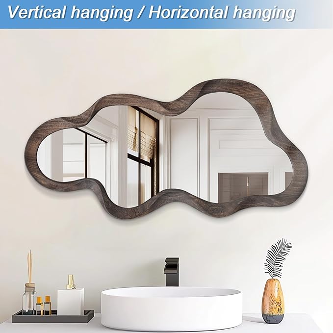 Asymmetrical Mirrors for Wall Unique Cloud Wood Frame Irregular Mirror Modern Living Room Bedroom Vanity Entryway Hallway Decorative Artistic Wall Mirror Brown