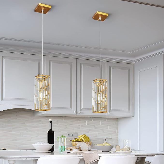 Gold Pendant Lighting Modern Pendant Light, Mini Crystal Chandeliers,Adjustable Pendant Light Fixture for Kitchen Island Dinning Room Bedroom (2 Pack)…