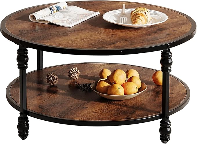 Round Coffee Table, Living Room Center Table with Storage Shelf, Rustic Wood Circle Coffee Table with Sturdy Metal Legs, 2-Tier Vintage Furniture for Living Room, Easy Assembly Accent Cocktail Table