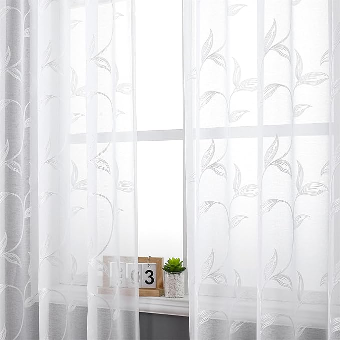 VISIONTEX White Sheer Voile Curtains, Decorative White Embroidery Faux Linen Rod Pocket Window Drapes for Home Kitchen, Living Room and Bedroom 54 x 95 Inch, Set of 2 Curtain Panels