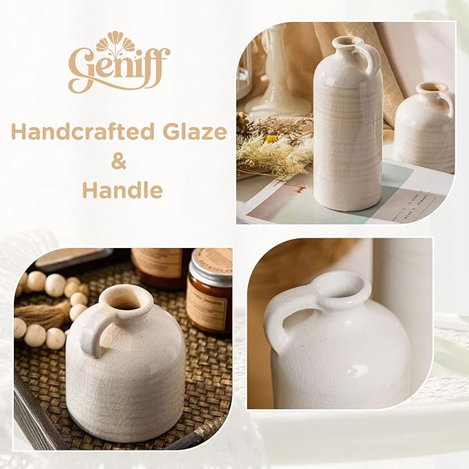 Ceramic Vase Set of 3 – Handcrafted Modern Farmhouse Decorative Vases, Neutral Pottery for Pampas Grass, Flowers, Table Centerpieces, Living Room, Mantel & Shelf Decor – Beige