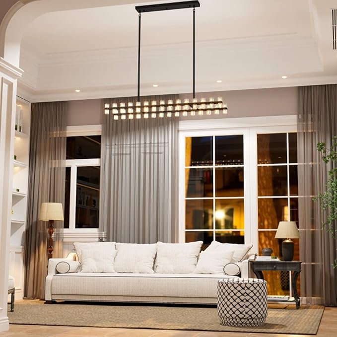 Black Rectangular Crystal Chandelier Light Fixture 53.4 in Dining Room Chandelier Over Table Modern Farmhouse Ceiling Pendant Hanging Light Fixture for Living Room, Kitchen Island (Bulb not Included)