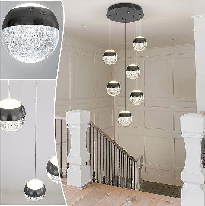 6-Lights Globe Pendant Light Modern Crystal Pendant Chandelier Black Globe Chandeliers for Kitchen Island, Hanging Light Fixture for Dinning Room Bedroom
