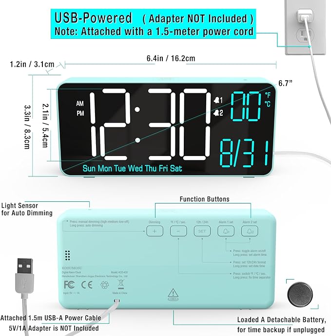 KOSUMOSU Digital Alarm Clock for Bedroom, 6.7in Desk Clock LED, Auto Dimming, Room Temperature, Day of The Week, Date, Seconds, Clocks for Living Room, Alarm Clocks for Bedrooms