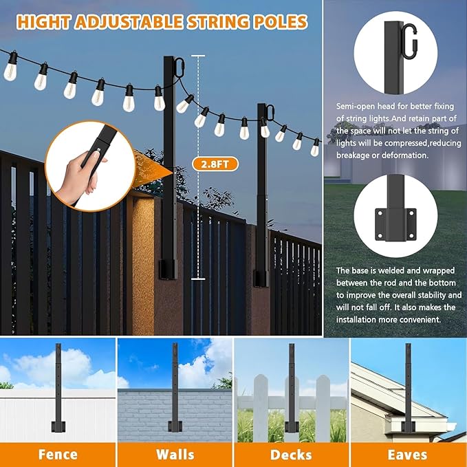 4 Pack String Light Poles,2.8Ft Metal Poles for Outdoor String Lights,Outdoor Light Poles with Post,Poles/Stand for Outside,Patio,Deck,Backyard,Garden Wedding,Party