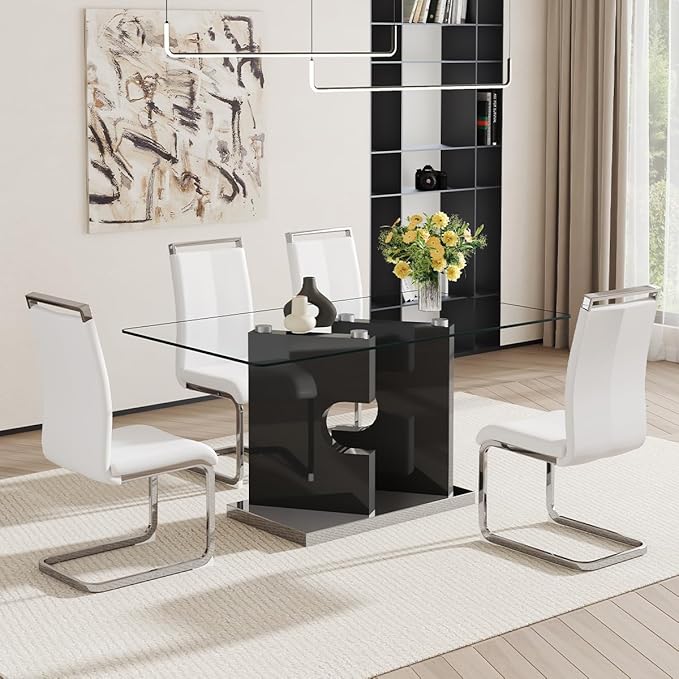 Glass Dining Room Table Set for 4,Dining Table Set for 4 with PU Leather Chairs,Retangular Dining Table with MDF Table Legs and Sliver Base for Dining Room