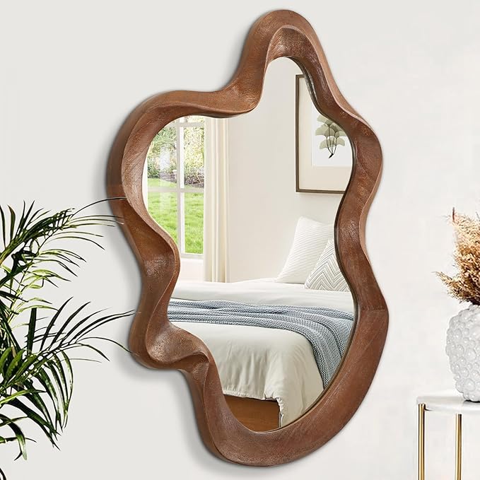 Asymmetrical Mirror Wood Frame Irregular Wall Mirrors Unique Shape Wall Mirrors Modern Artistic Cloud Mirror Decorative for Living Room Bedroom Cloakroom Bathroom Entryway Hallway 22"x15"