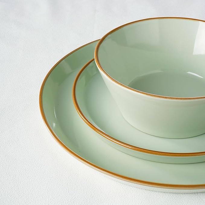 Famiware Saturn Dinnerware Sets, Plates and Bowls Sets for 4, 12 Pieces Stoneware Dish Set - Chip and Scratch Resistant, Microwave and Dishwasher Safe Tableware Set, Light Green with Rim