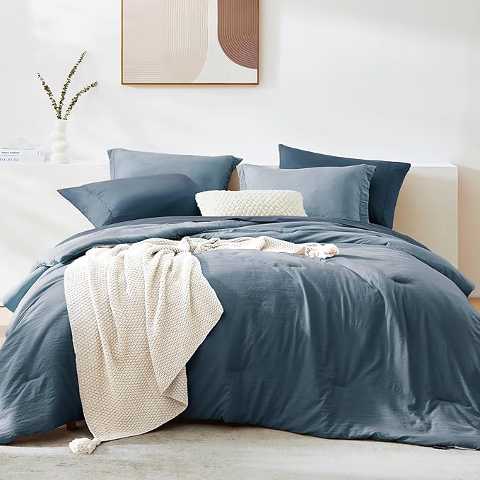 WRENSONGE King Size Comforter Set- 7 Pieces Soft Oxford Blue Bed in a Bag King with Fitted Sheet, Flat Sheet, 2 Pillow Shams, and 2 Pillowcases-Warm King Bedding Set for All Season