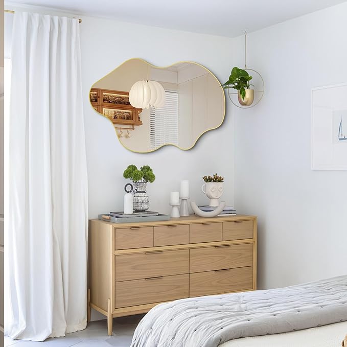 Gold Irregular Mirror, Asymmetrical Wall Mirrors, 31.5"x23.6" Waved Shaped Mirror, Modern Frameless Decorative Mirrors for Living Room Bathroom Bedroom Hallway Entryway Fireplace