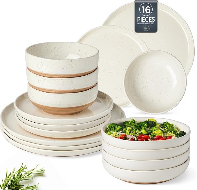 AmorArc 16 Pieces Ceramic Dinnerware Sets for 4, Handpainted Plates and Bowls Set with Rustic Terracotta Underside, Scratch Resistant Stoneware Dishes Set, Dishwasher & Microwave Safe, Light Beige