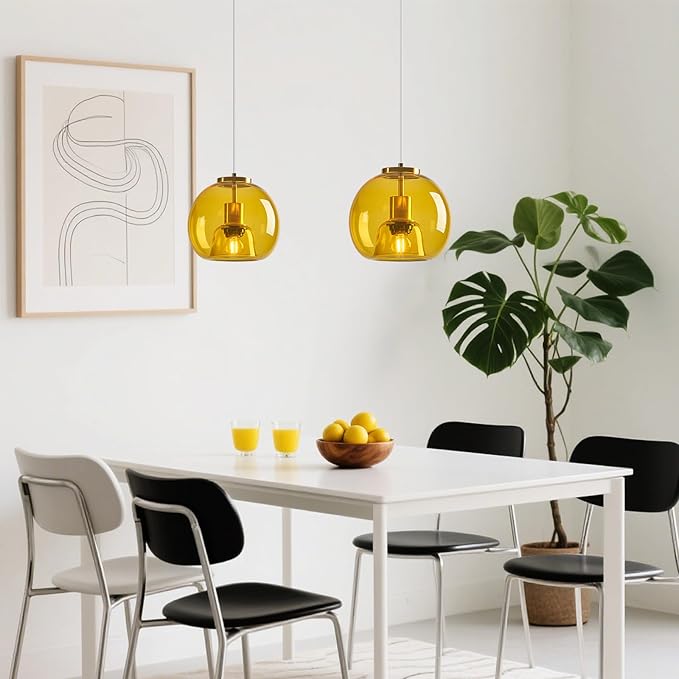 Yellow Glass Pendant Lights Kitchen Island Gold Hanging Light Fixture Glass Globe Pendant Light Modern Pendant Lighting for Kitchen Island Bedroom Dining Room (7.87", 2 Pack)