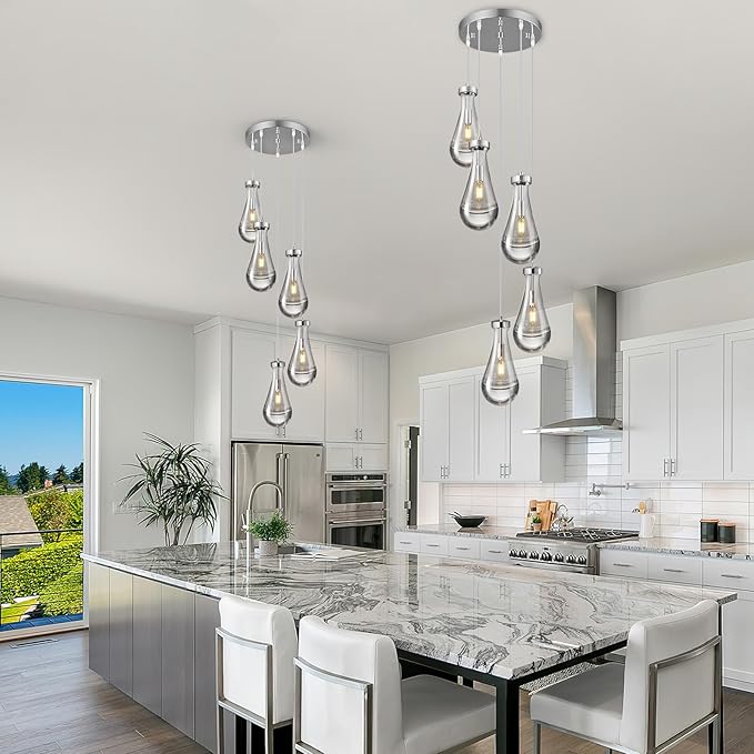 Raindrop Pendant Lights Kitchen Island Teardrop Chrome Hanging Light Fixtures Clear Solid Glass Pendant Light Modern Chandeliers for Dining Room Porch Corridor Living Room(5-Light)