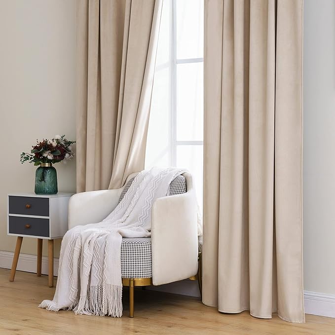 MIULEE Velvet Curtains 2 Panels Luxury Blackout Curtains for Bedroom Living Room Thermal Insulated Super Soft Window Drapes Rod Pocket & Back Tab, Camel Beige, W52 x L72 inches